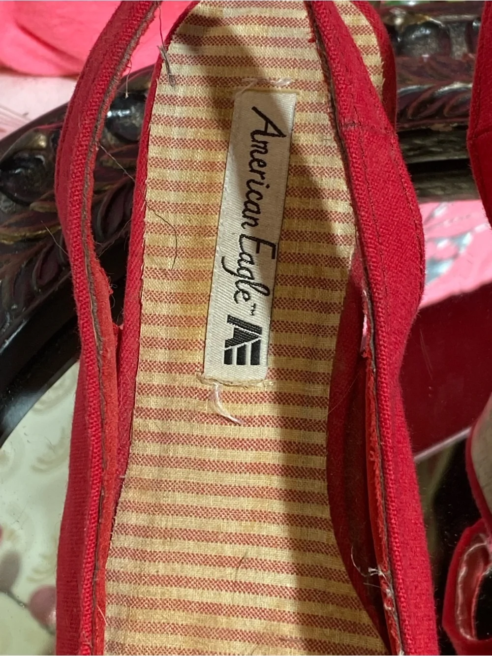 American Eagle Outfitters Red Slingback Wedge Sandals with Floral Accent
